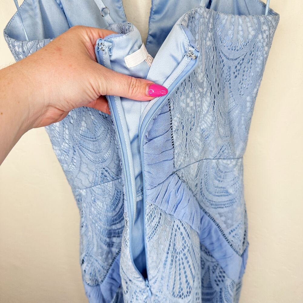 Harlyn Scallop Hem Lace Cocktail Sheath Bodycon Periwinkle Blue Dress Small - Picture 11 of 15